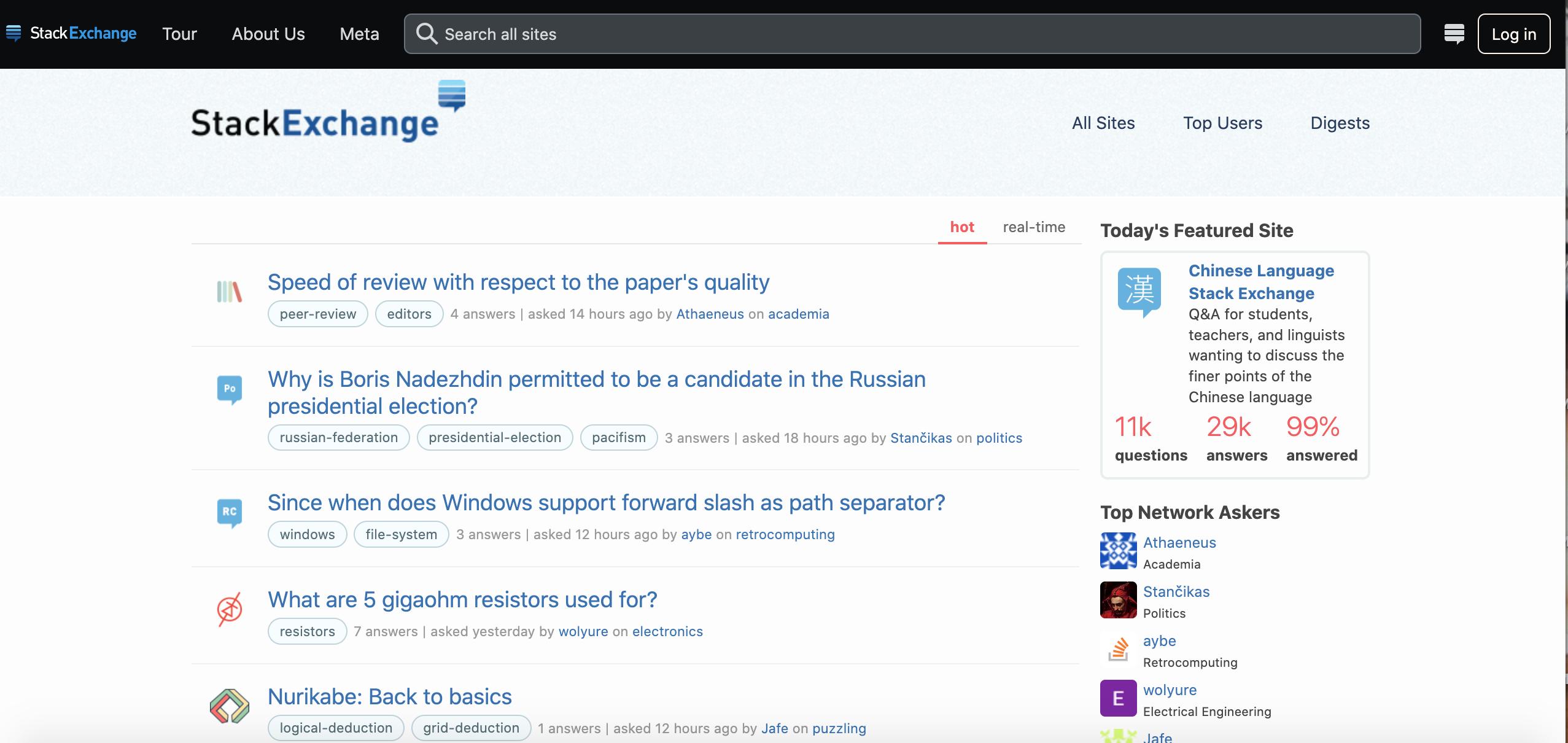 Stack Exchange home page screenshot